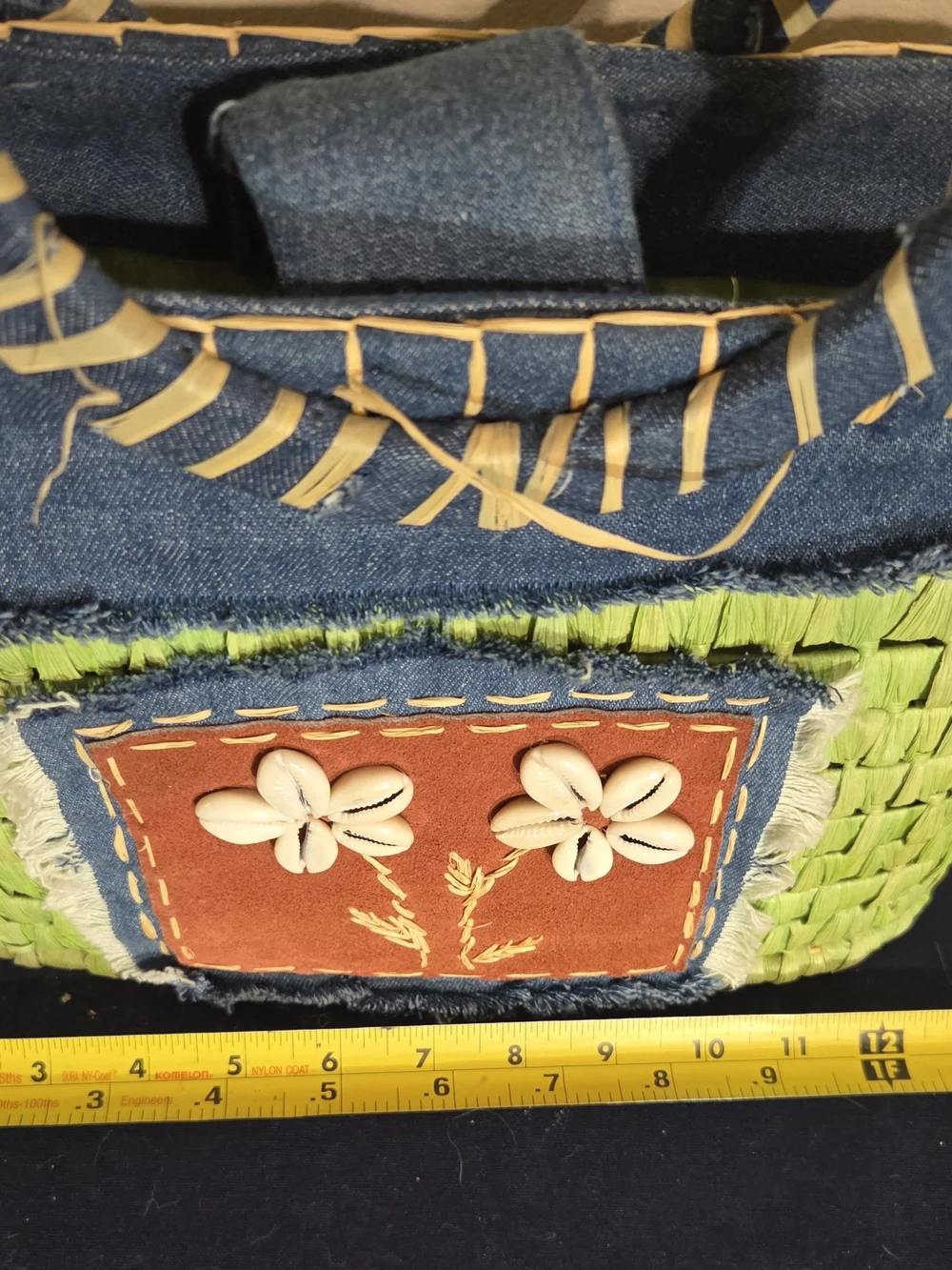 Preston & York Straw Cornhusk Mini Tote Handbag Green Hoop Handle Shell Flowers